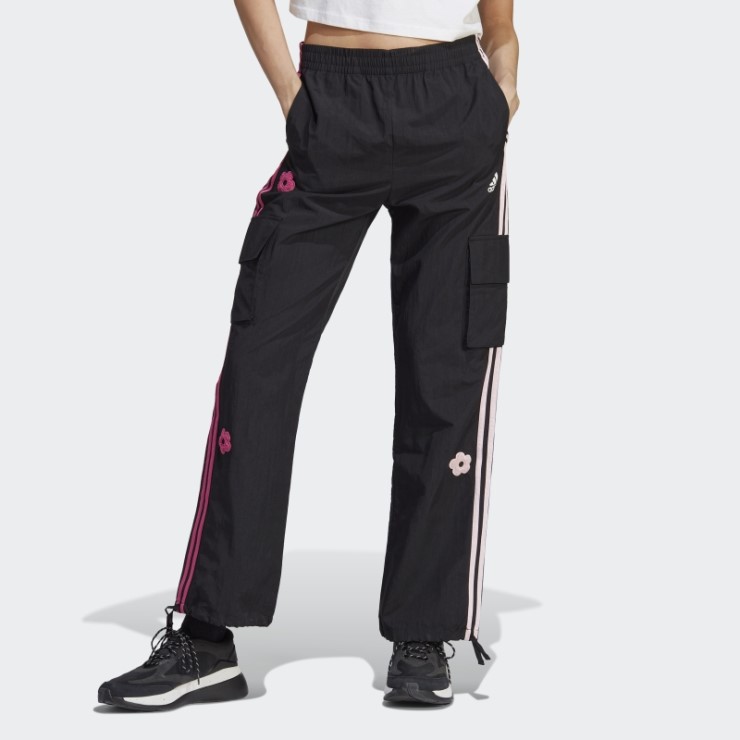 Pantalones Cargo Adidas Negros De 3 Rayas Con Parches De Flores De Chenilla