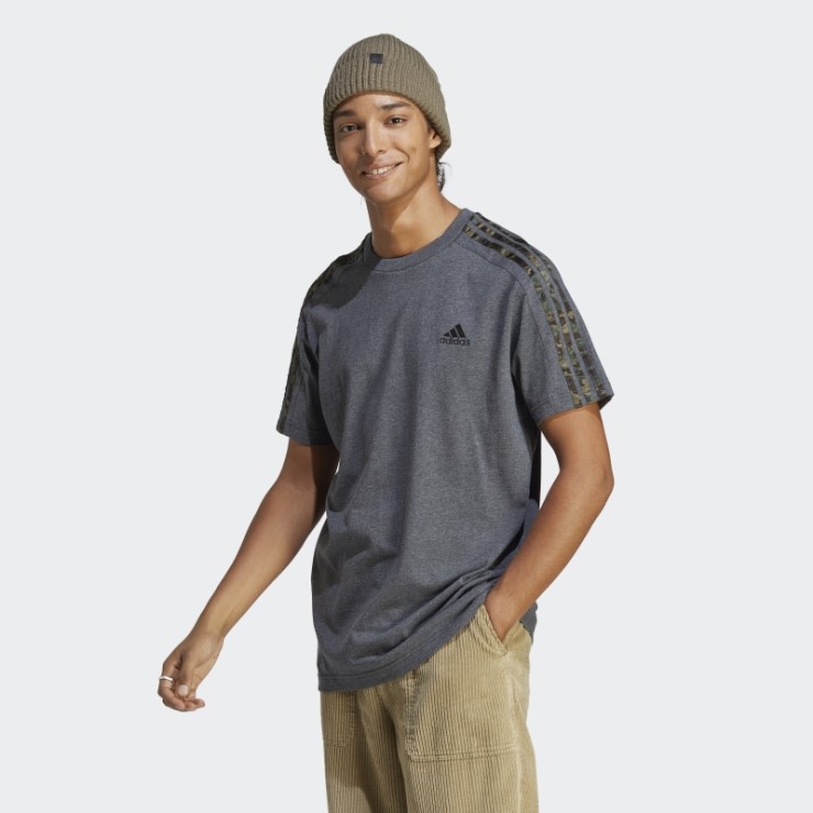 Camiseta Adidas Essentials Single Jersey 3 Rayas Gris Oscuro Jaspeado