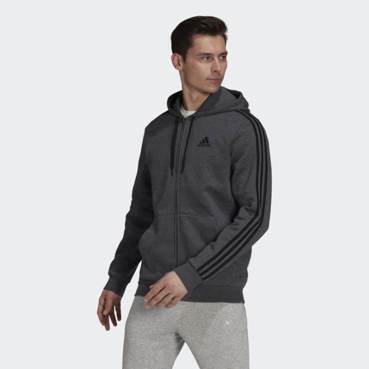 Adidas Sudadera Con Capucha Y Cremallera Completa De 3 Rayas En Gris Oscuro Heather Essentials