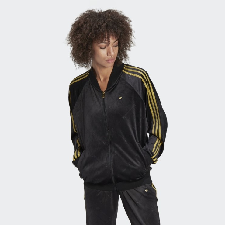 Chaqueta De Chándal De Terciopelo Con Monograma De Adidas Originals En Relieve Negro Caliente