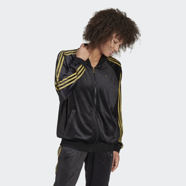 Chaqueta De Chándal De Terciopelo Con Monograma De Adidas Originals En Relieve Negro Caliente