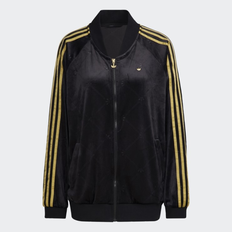 Chaqueta De Chándal De Terciopelo Con Monograma De Adidas Originals En Relieve Negro Caliente