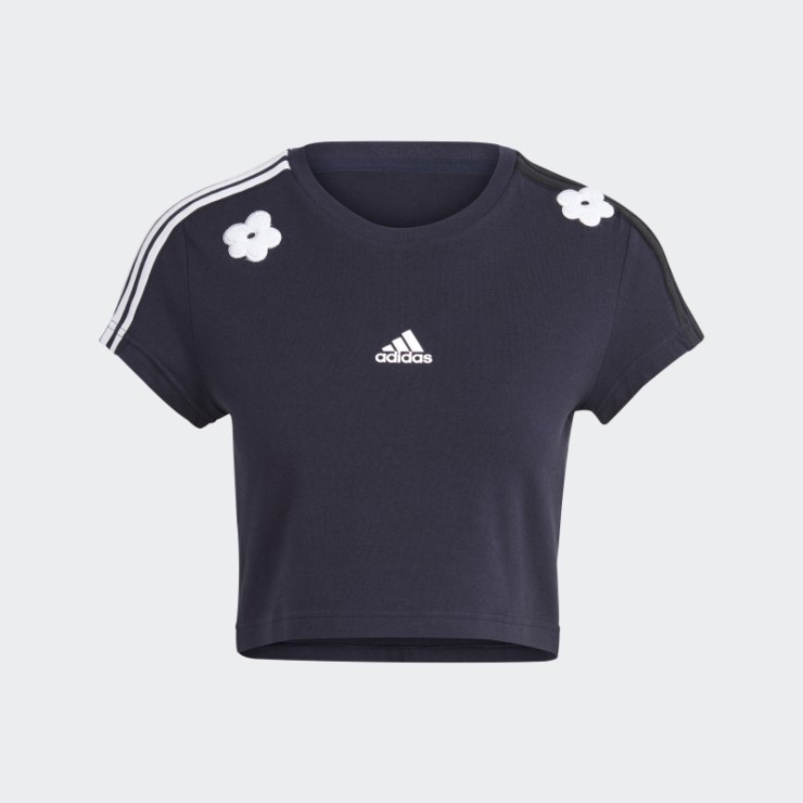 Camiseta Corta De 3 Rayas Con Parches De Flores De Chenilla Tinta Adidas